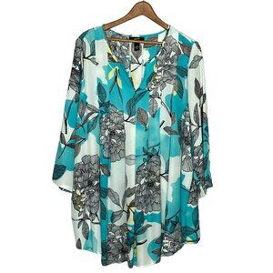 Alfani 16W Turquoise Blue Floral Chiffon Pleated Detail V-Neck Blouse Plus 1X‎